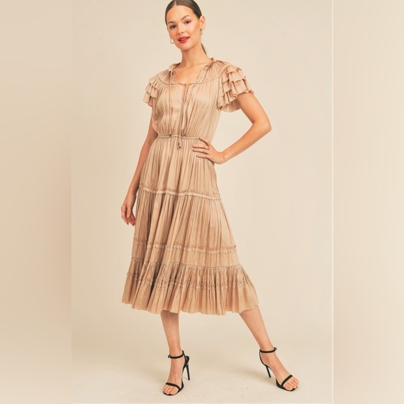 Reset By Jane Dresses & Skirts - RESET by Jane Kianna Dress Gold Tan Ruffle Midi Dress M Wedding Party Silky Trip